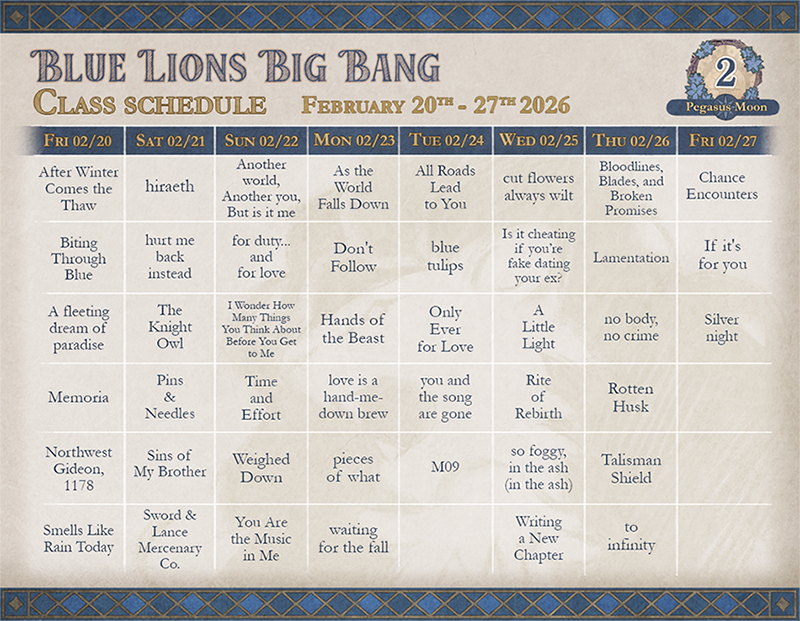 A calendar image showing the week of February 20th - 27th, 2026 labelled, "Blue Lions Big Bang Class Schedule." It shows the titles of the works releasing during that week.